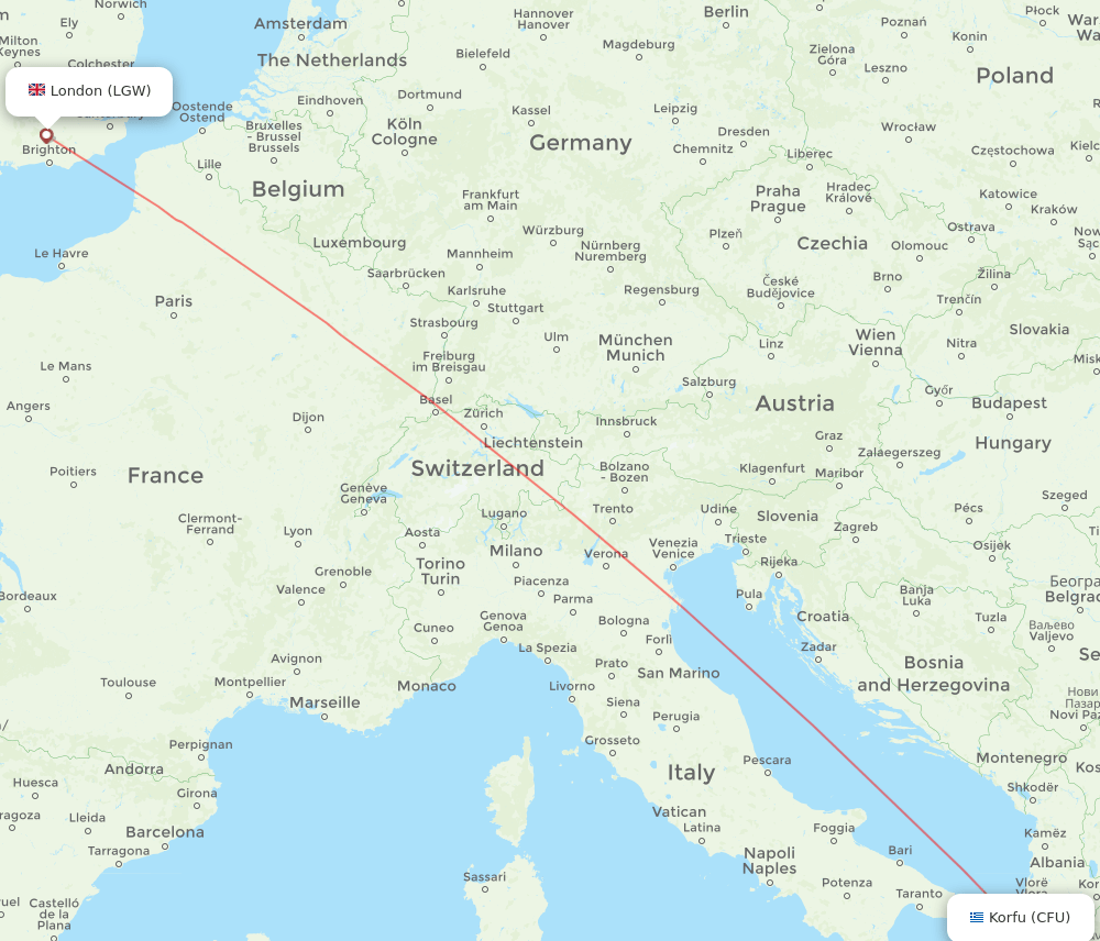 LGW to CFU flights and routes map