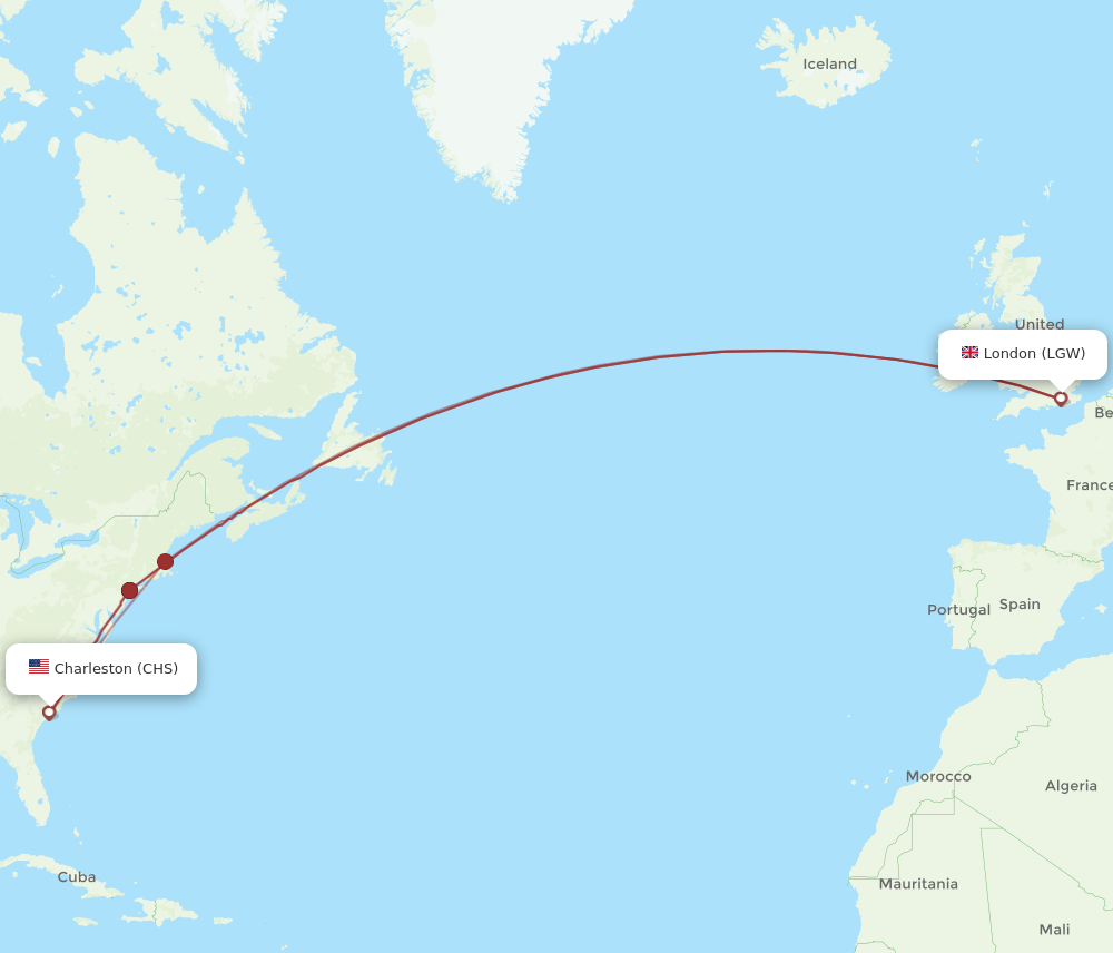 LGW to CHS flights and routes map