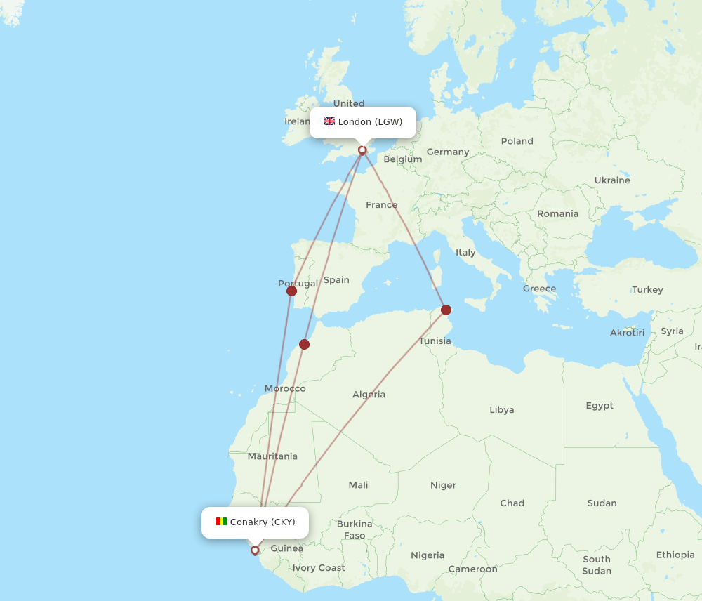 LGW-CKY flight routes