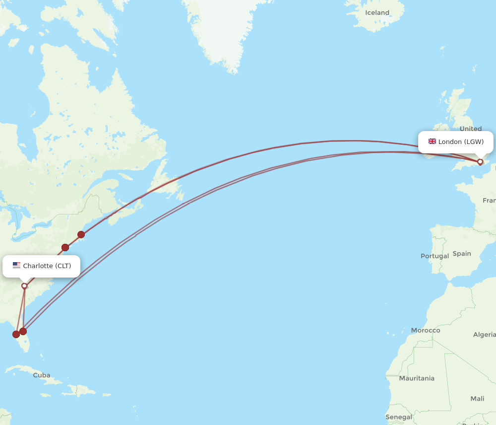 LGW to CLT flights and routes map