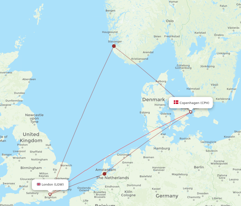 LGW to CPH flights and routes map