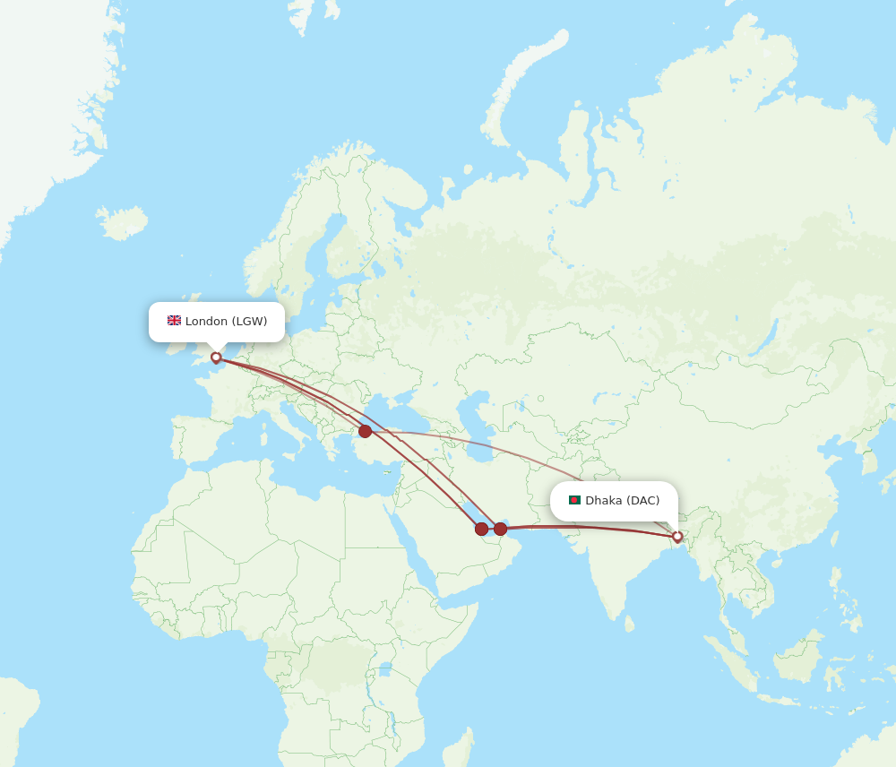 LGW to DAC flights and routes map