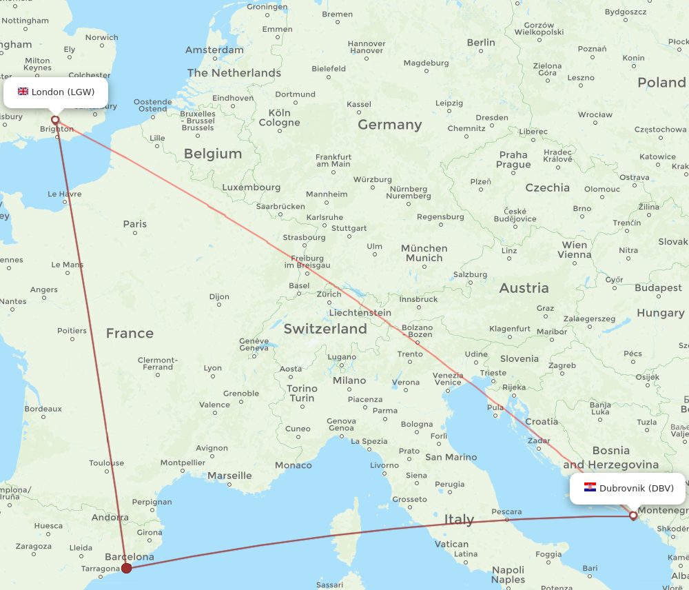 LGW to DBV flights and routes map