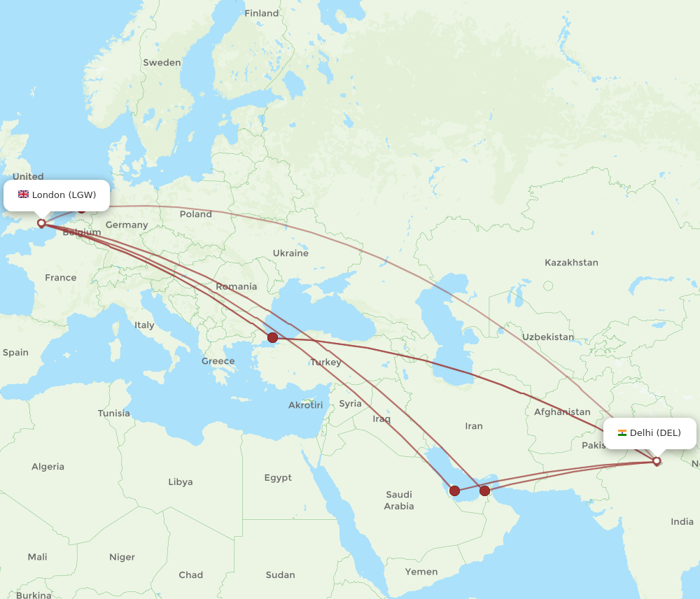 LGW to DEL flights and routes map