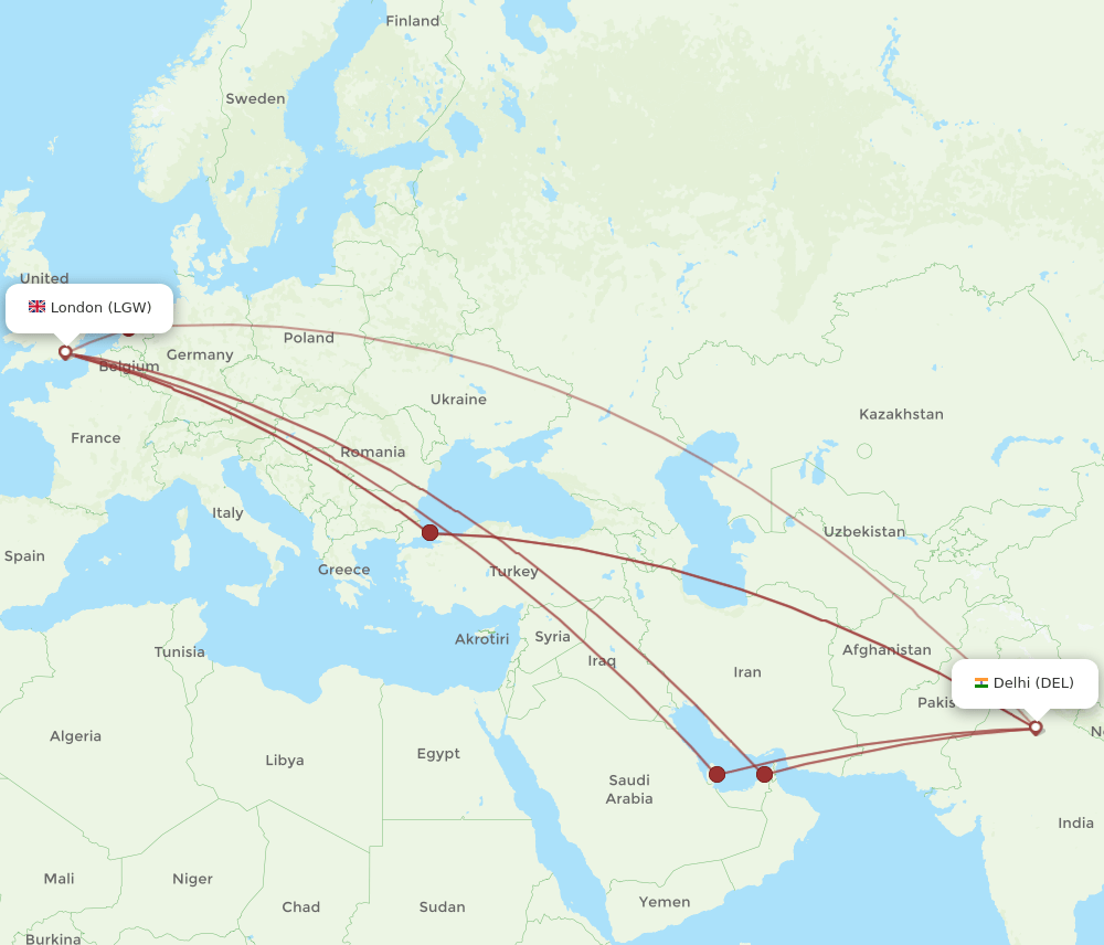 LGW to DEL flights and routes map