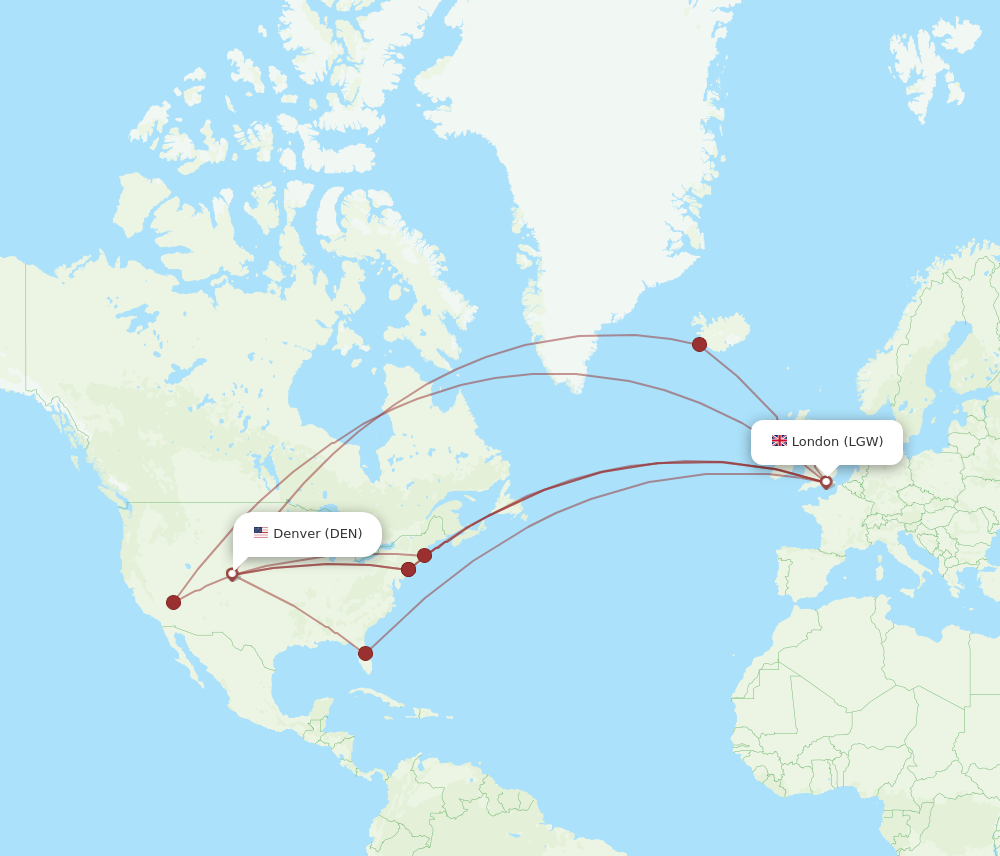 LGW to DEN flights and routes map