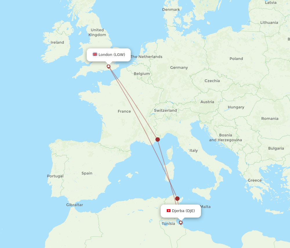 LGW to DJE flights and routes map