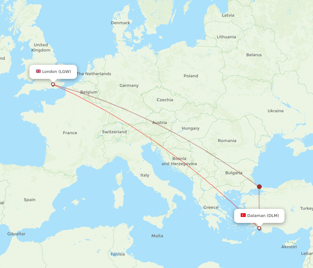 LGW to DLM flights and routes map