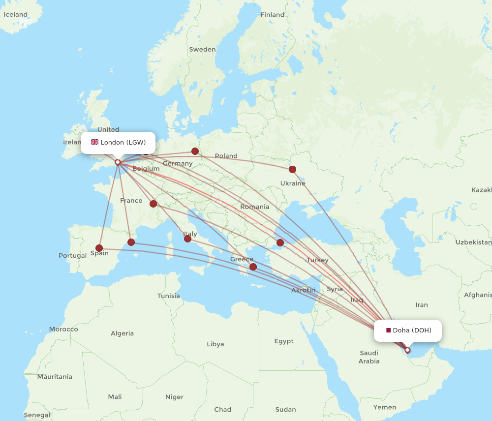 LGW to DOH flights and routes map