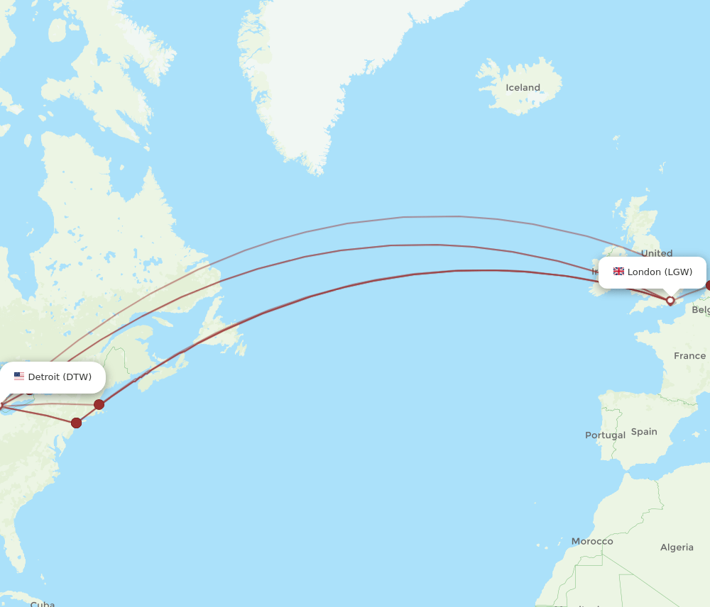 LGW-DTW flight routes