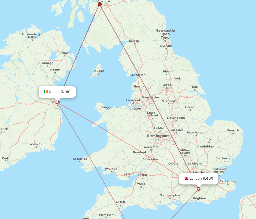 LGW to DUB flights and routes map