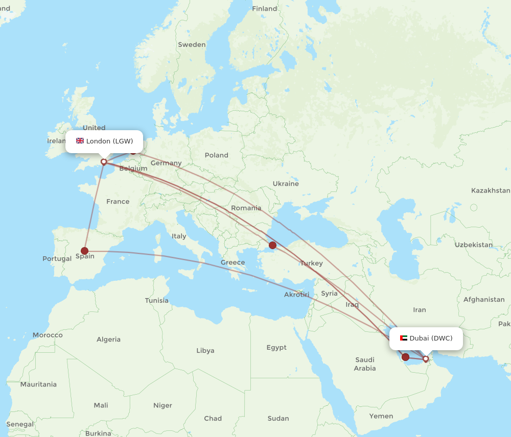 LGW to DWC flights and routes map