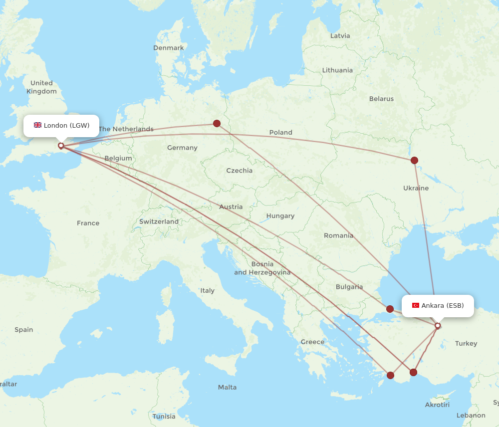 LGW to ESB flights and routes map