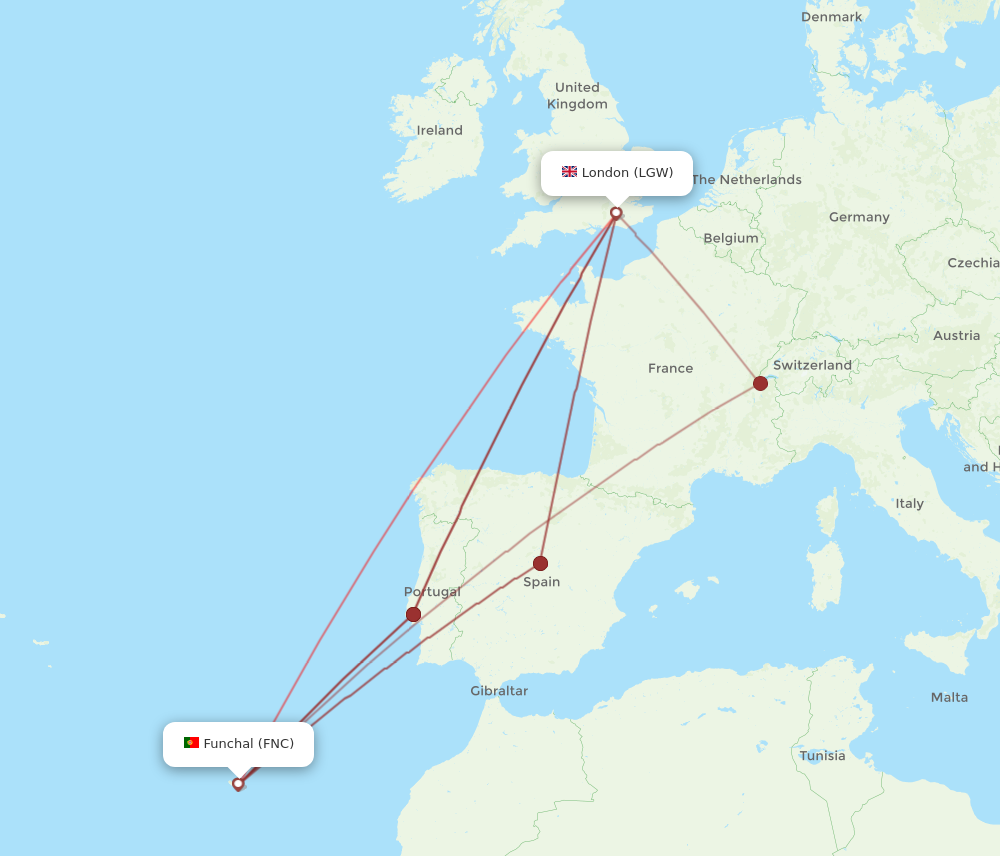 LGW to FNC flights and routes map