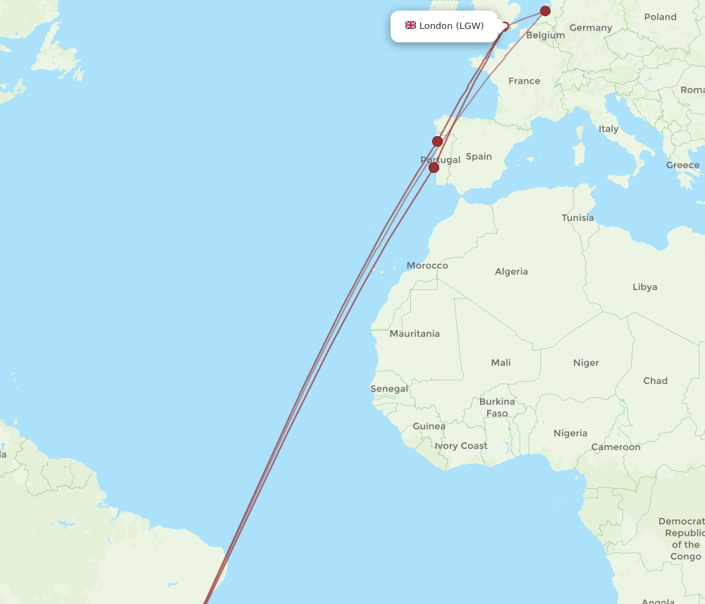 LGW to GIG flights and routes map