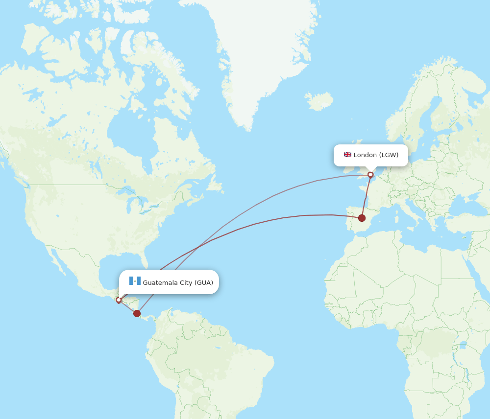 LGW to GUA flights and routes map