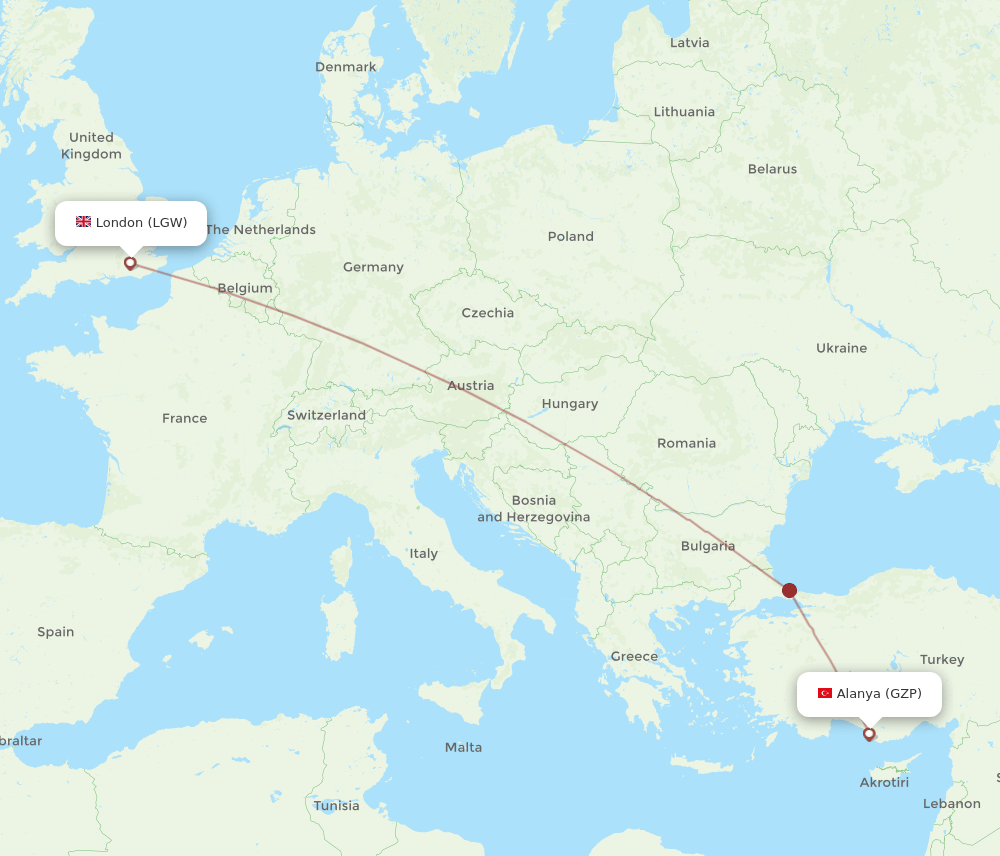 LGW to GZP flights and routes map