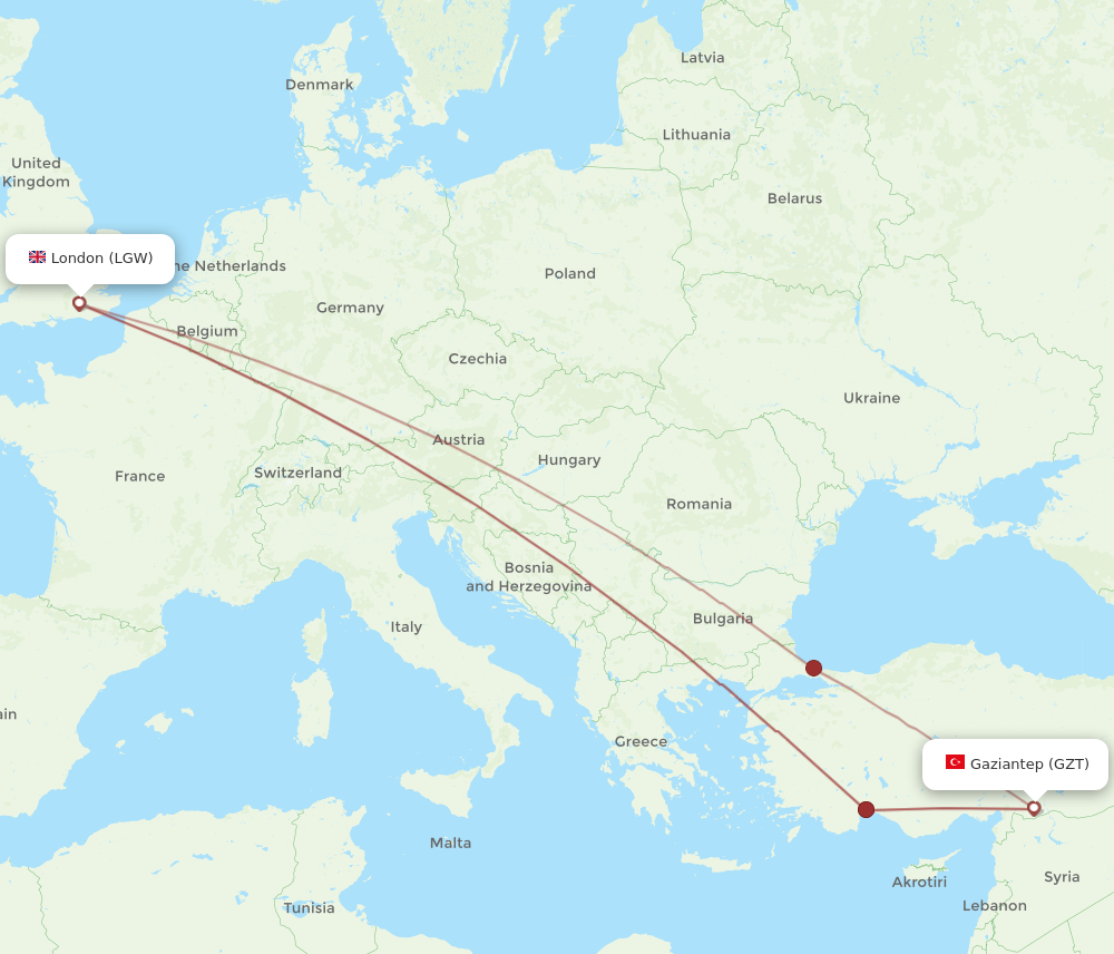 LGW to GZT flights and routes map