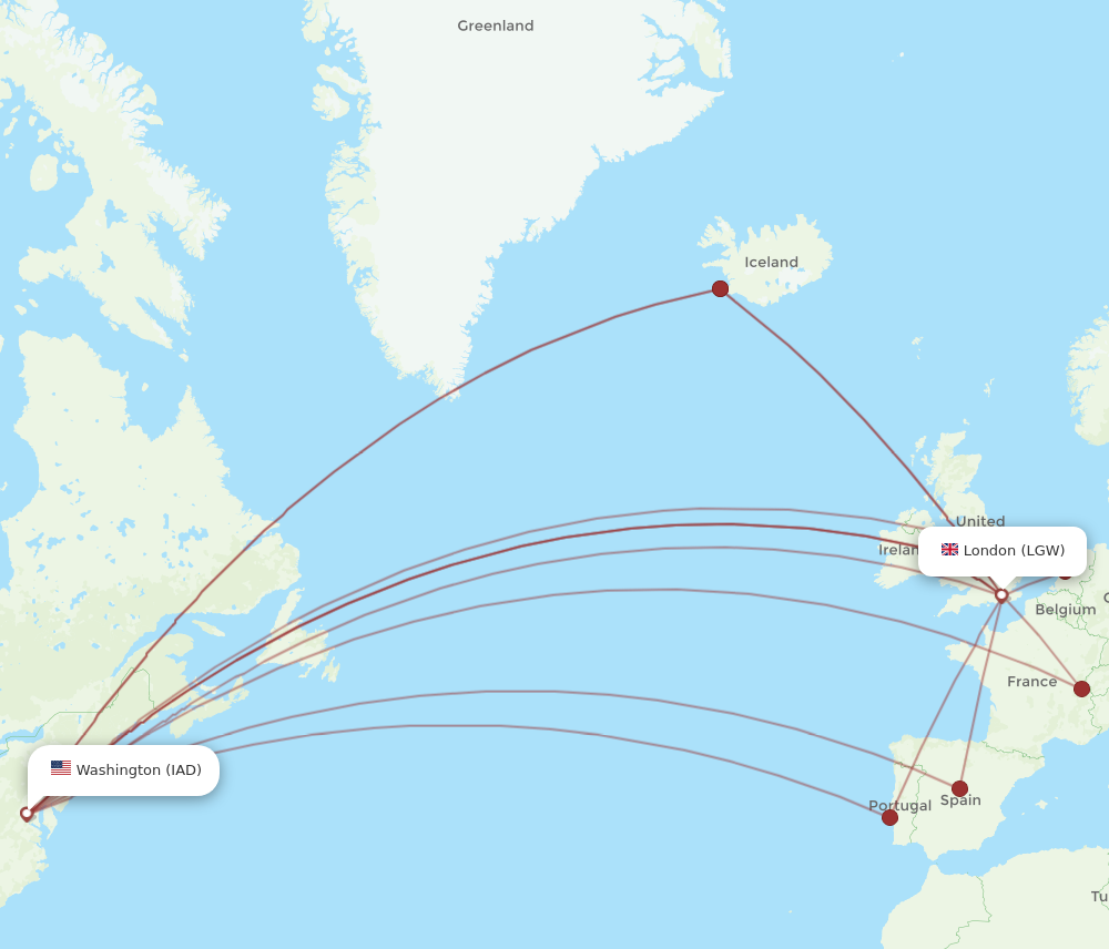 LGW to IAD flights and routes map