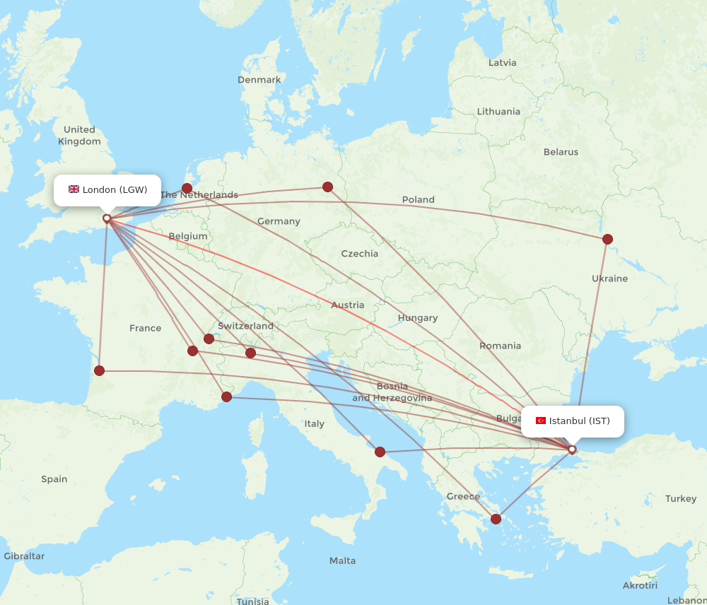 LGW to IST flights and routes map