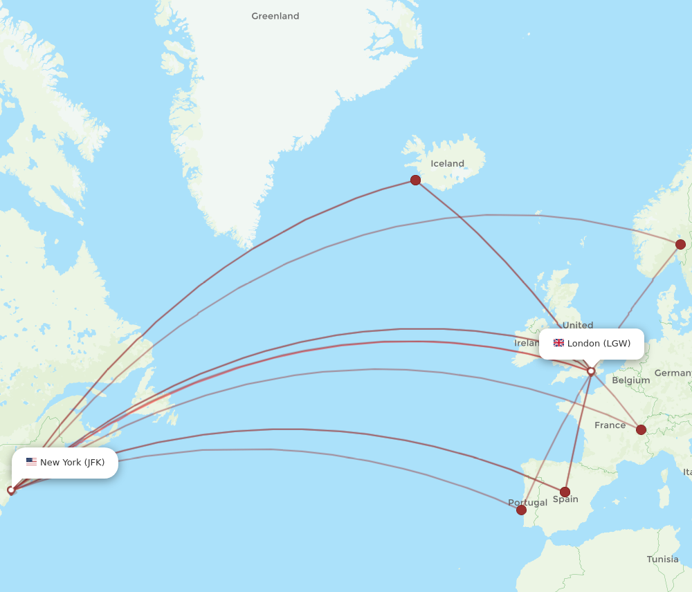 LGW to JFK flights and routes map