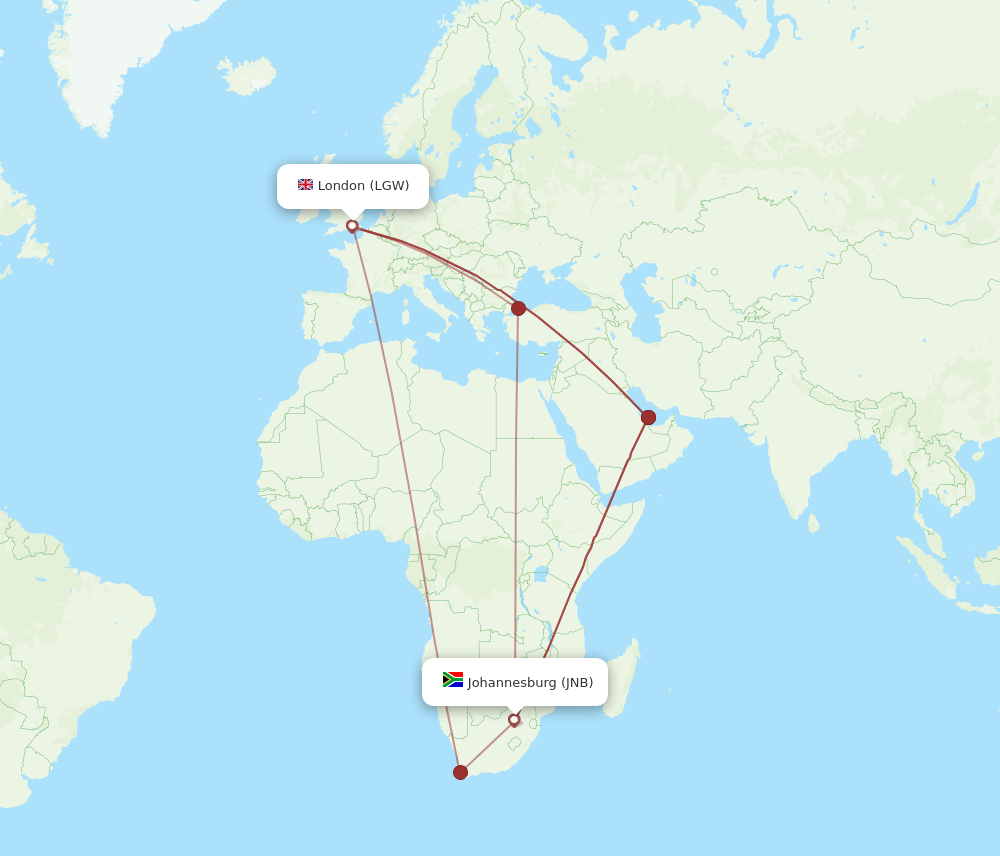 LGW to JNB flights and routes map