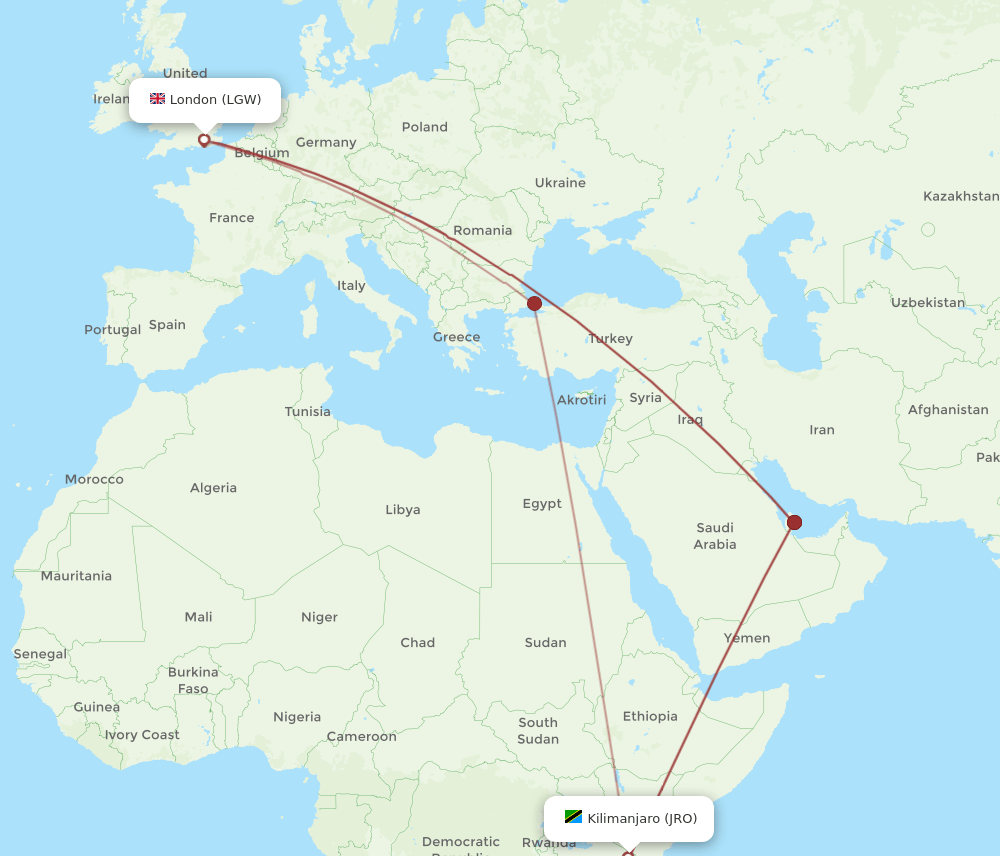 LGW to JRO flights and routes map