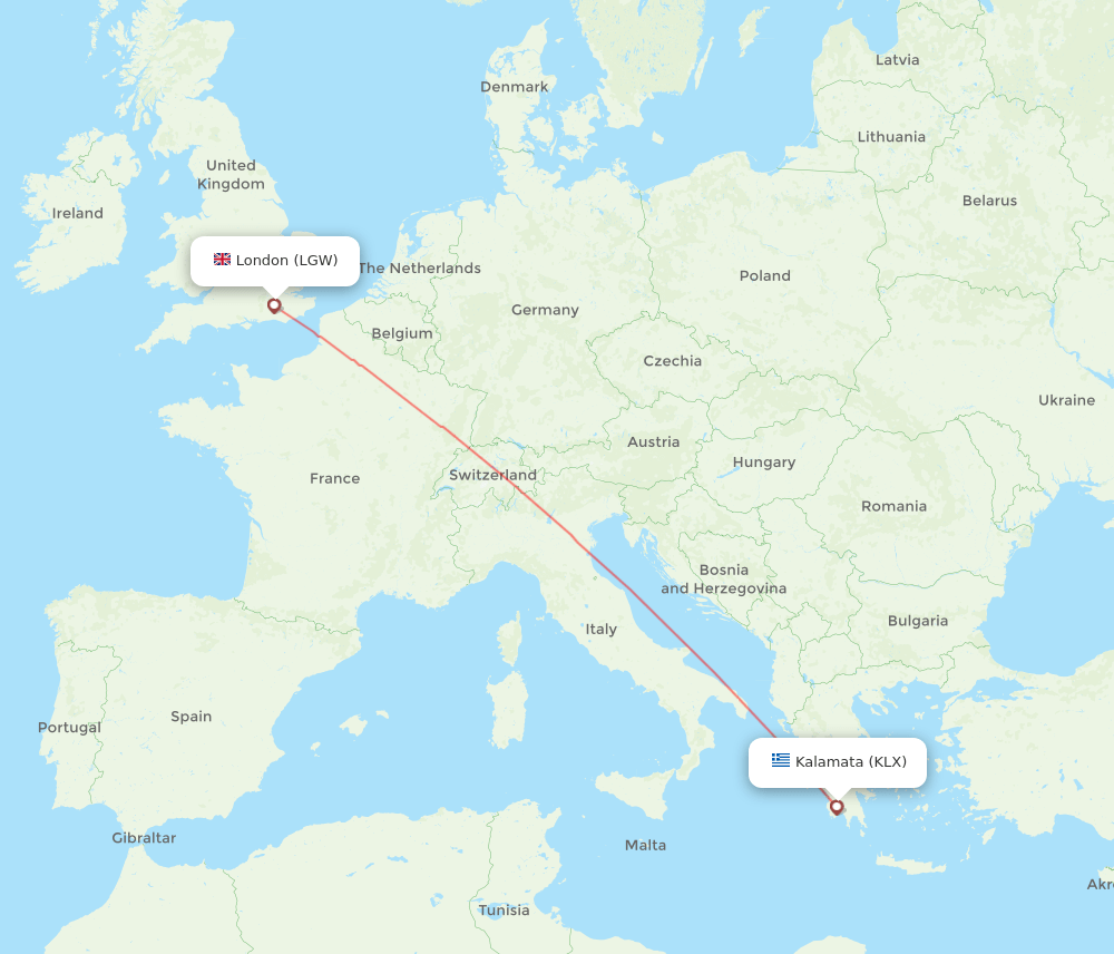 London - Kalamata route map and flight paths