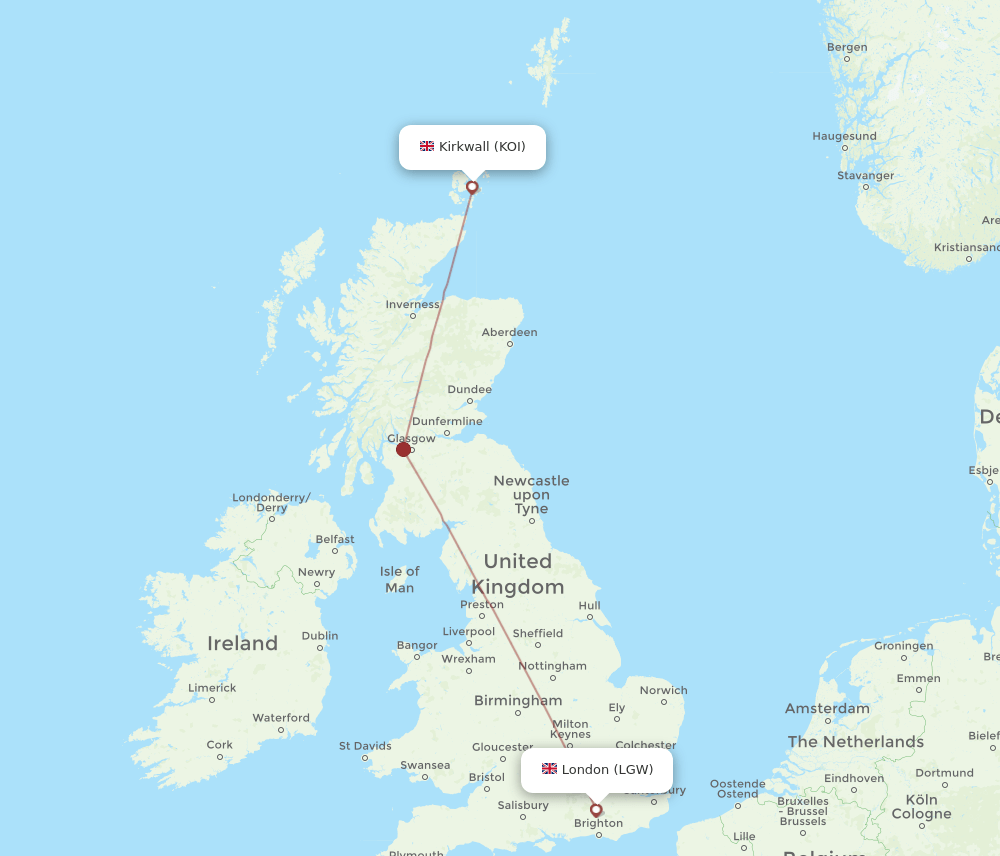 LGW to KOI flights and routes map