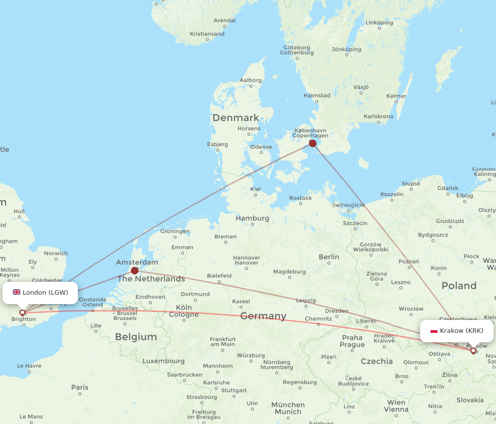 LGW to KRK flights and routes map
