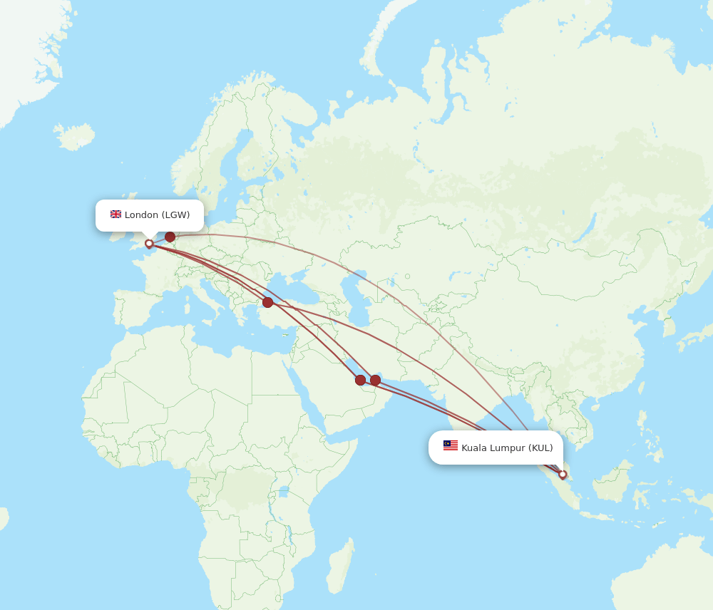 LGW to KUL flights and routes map