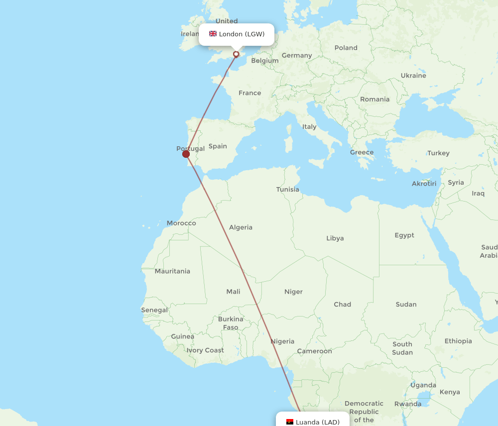 LGW to LAD flights and routes map