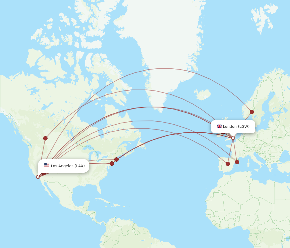 LGW to LAX flights and routes map
