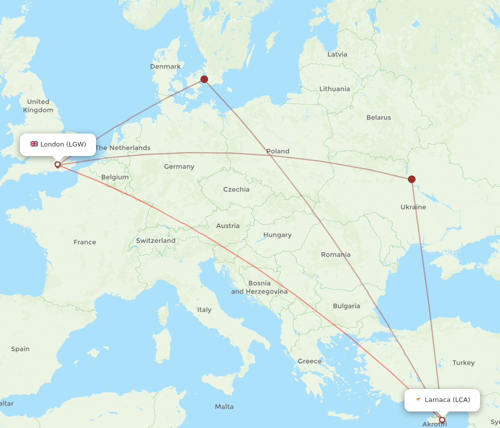 LGW to LCA flights and routes map