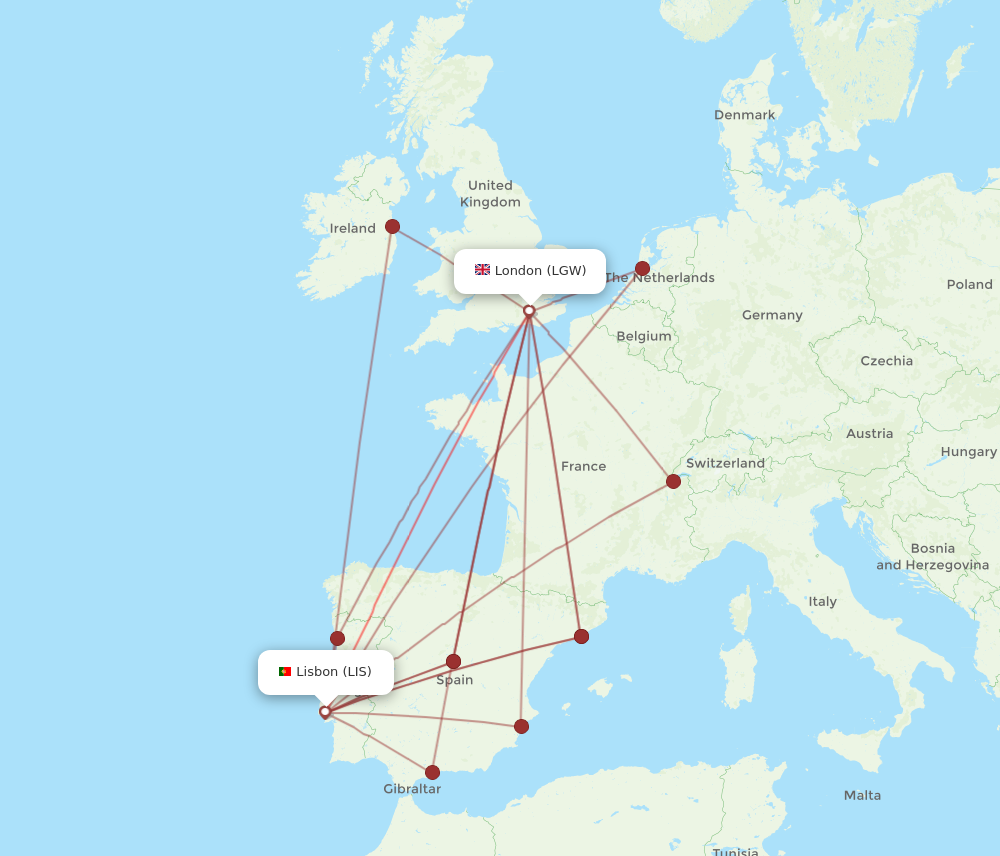 LGW to LIS flights and routes map