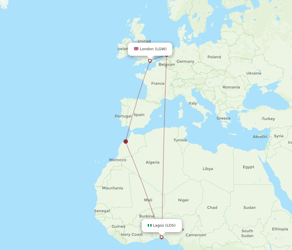 LGW to LOS flights and routes map