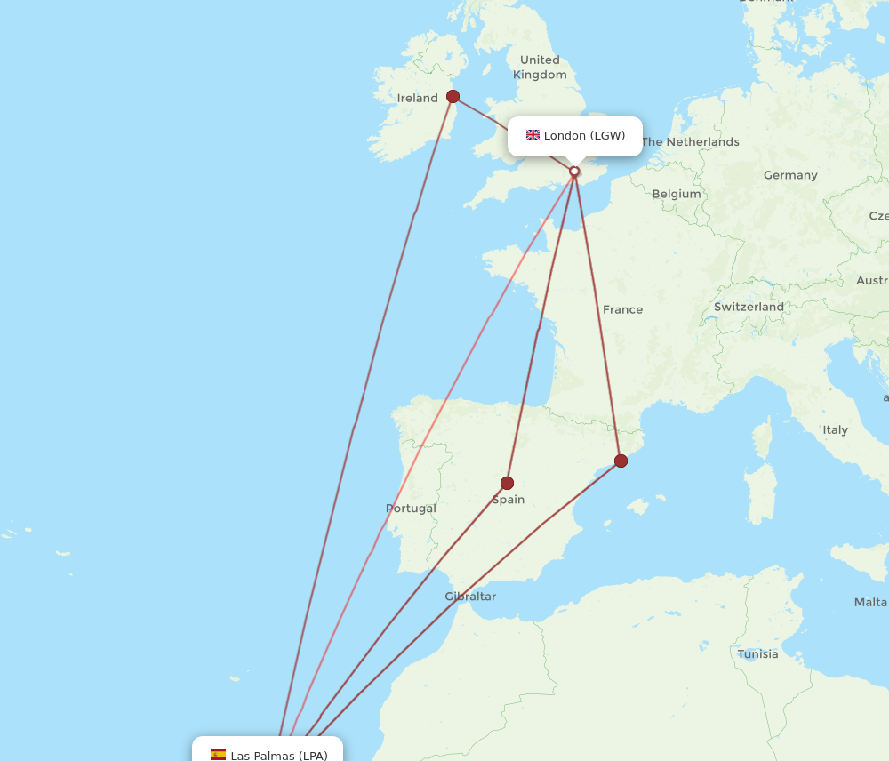 LGW to LPA flights and routes map