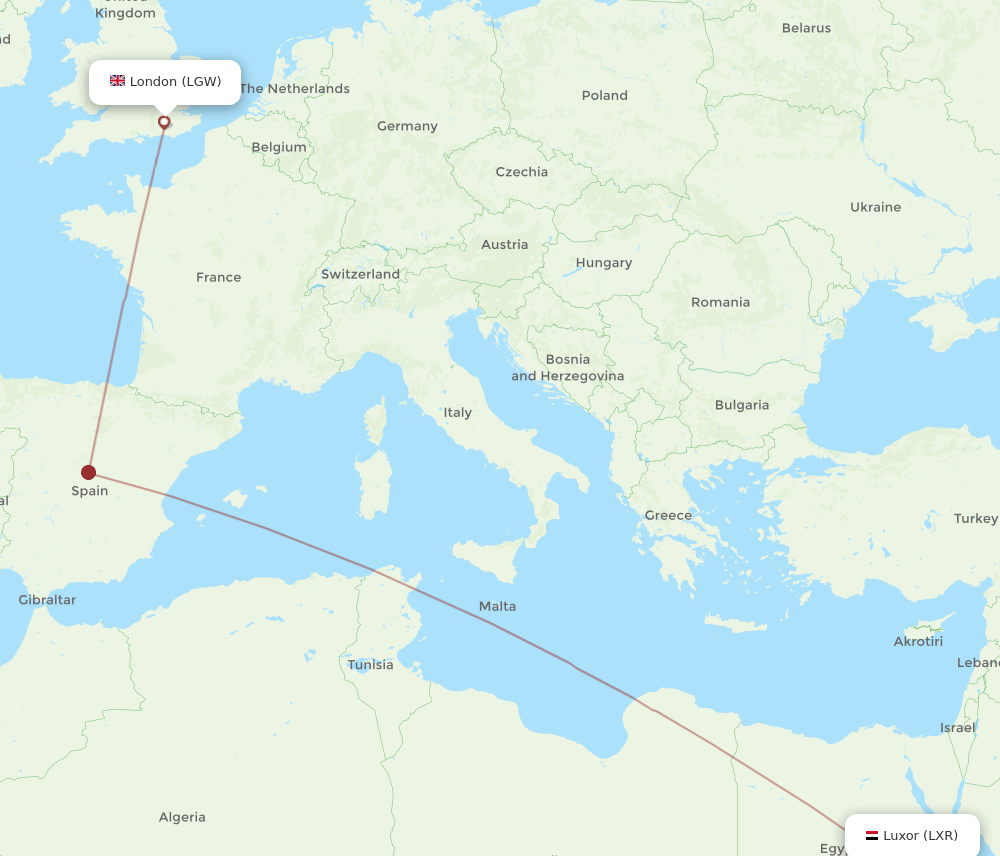 LGW to LXR flights and routes map