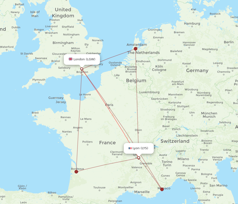 LGW to LYS flights and routes map