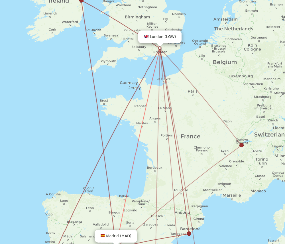 LGW to MAD flights and routes map