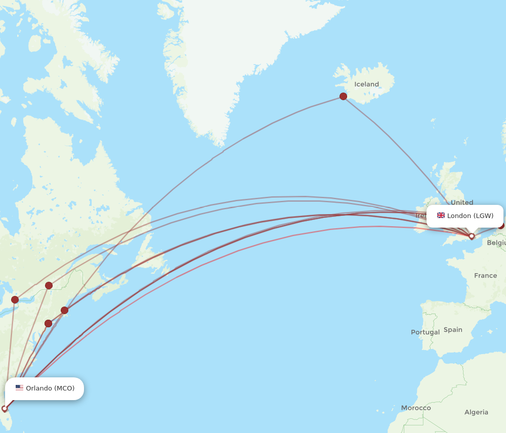 LGW to MCO flights and routes map