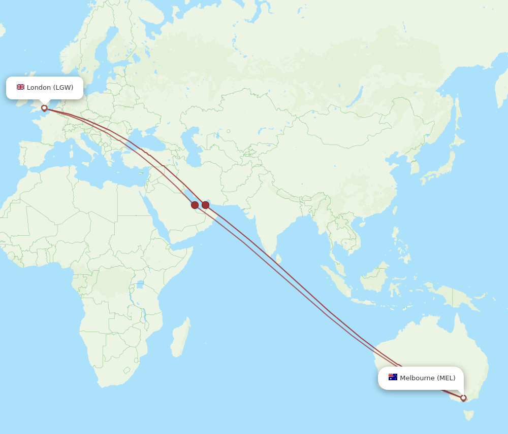 LGW to MEL flights and routes map