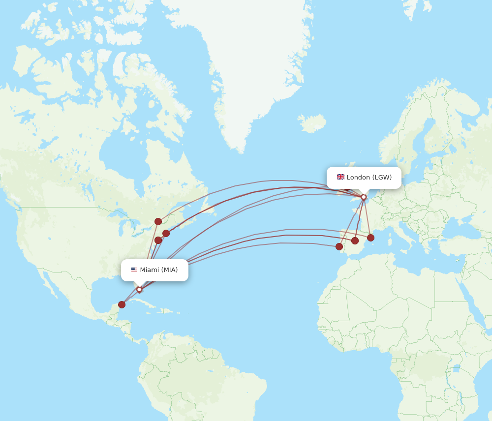 LGW to MIA flights and routes map