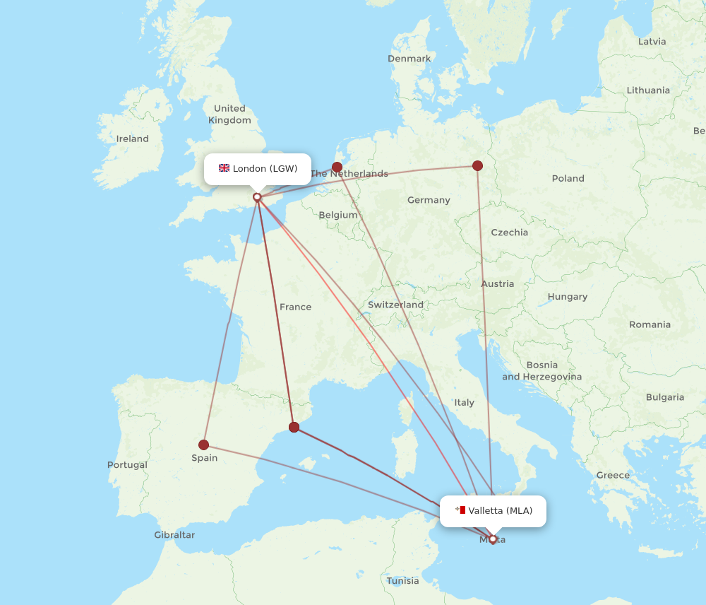 LGW to MLA flights and routes map