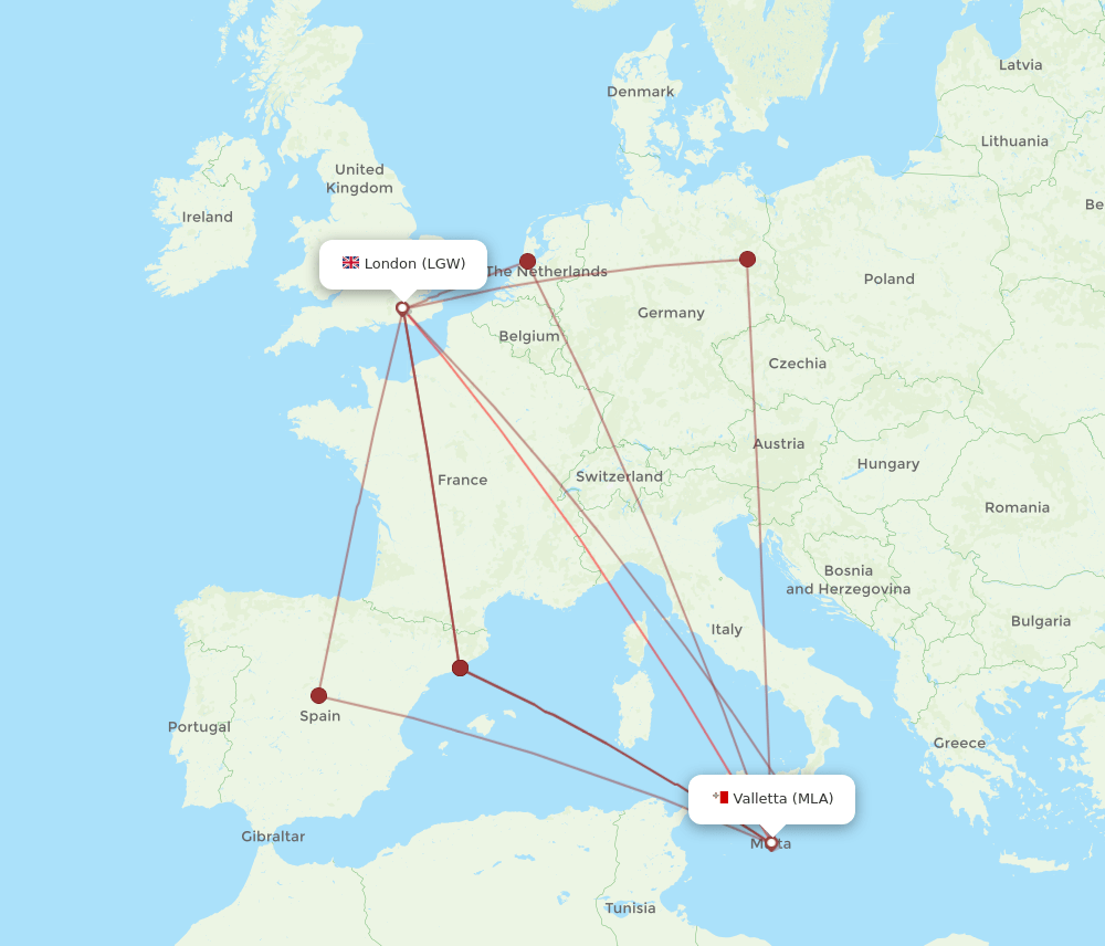LGW-MLA flight routes