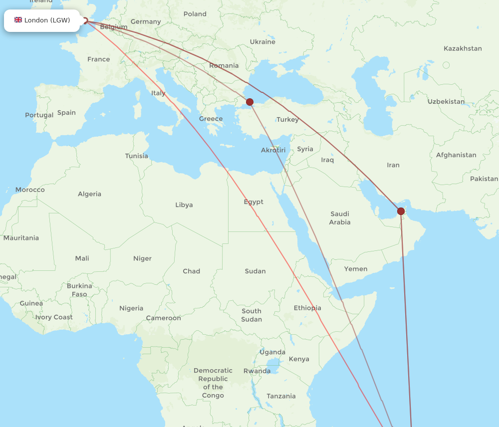 LGW to MRU flights and routes map