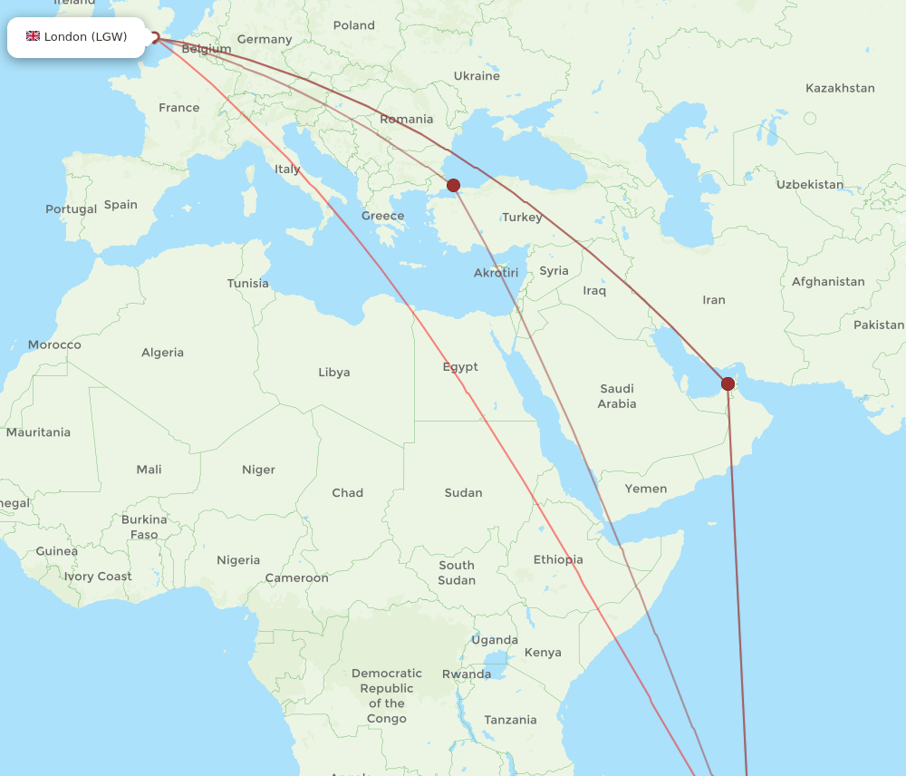 LGW to MRU flights and routes map