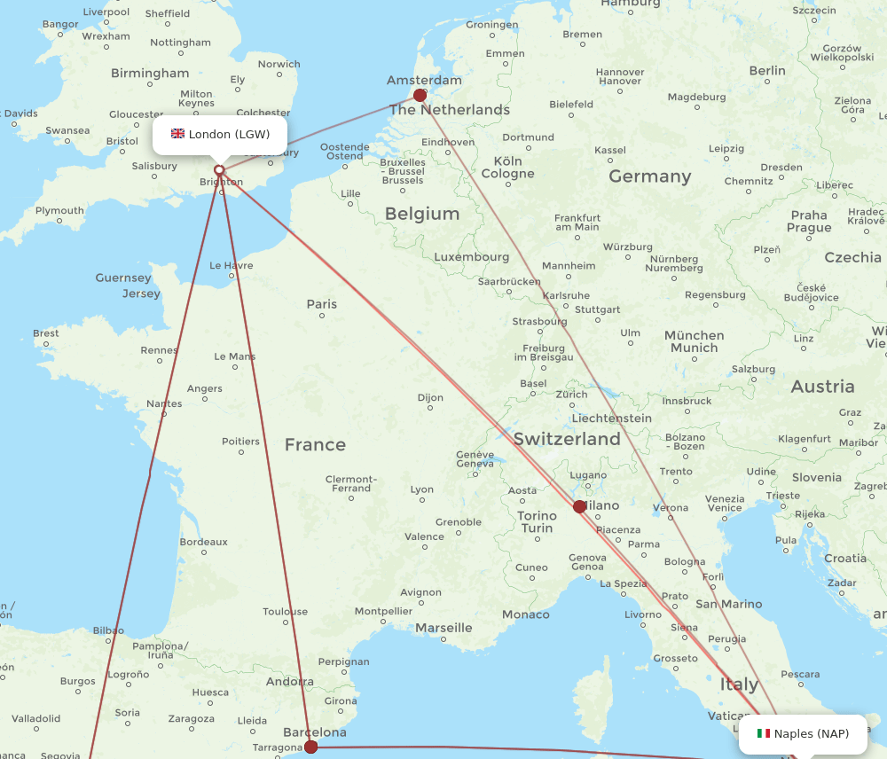 LGW to NAP flights and routes map