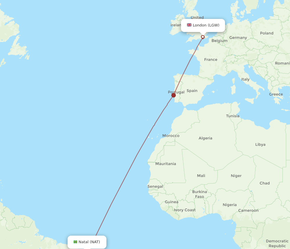 LGW to NAT flights and routes map