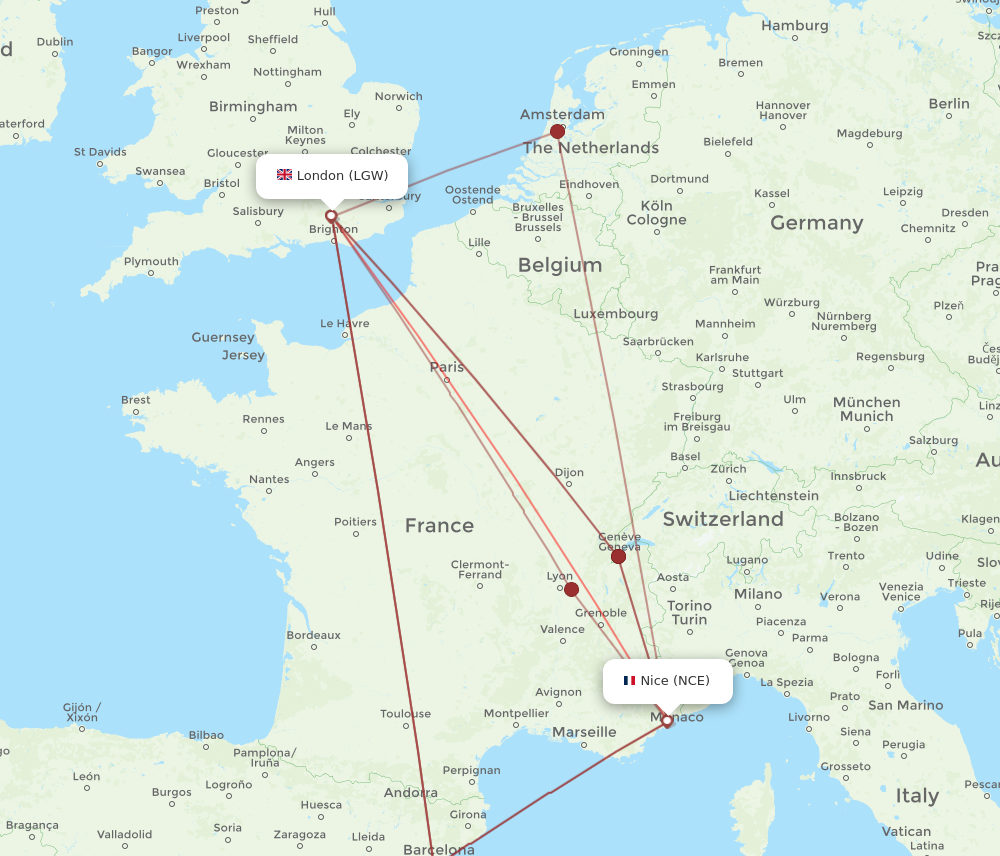 LGW to NCE flights and routes map
